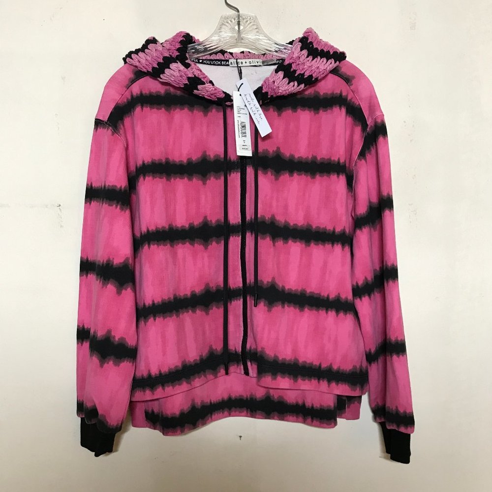 NEW Alice & Olivia Tie Dye Mary Jane Zip Jacket Crochet Hood Hi Lo Hem Size S